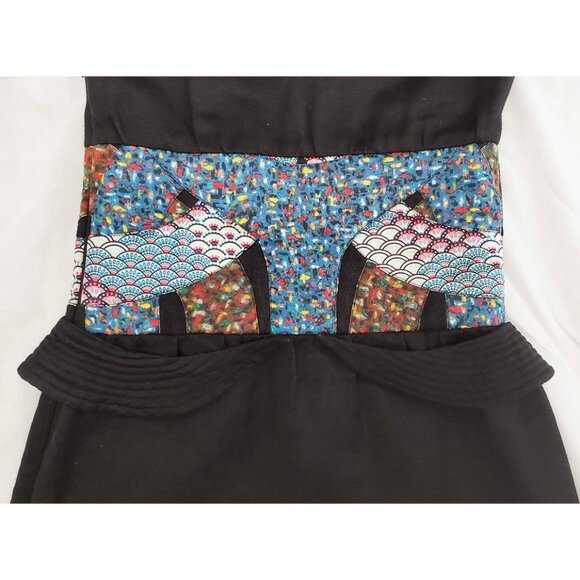 Cynthia Rowley Women's Black Sheath Dress with Asian Patchwork Waist Detail 0 - Picture 6 of 8